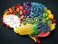 Mózg z owoców i warzyw. Kolorowe składniki tworzą kształt mózgu, sugerując, jak dieta wpływa na jego funkcjonowanie i produkcję serotoniny.