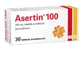 Opakowanie leku Asertin 100 mg, zawierającego sertralinę, na co pomaga w leczeniu depresji i innych schorzeń. 30 tabletek.