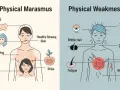 Ilustracja porównuje zdrowie fizyczne z marazmem, pokazując objawy takie jak osłabienie, łamliwe włosy i zmęczenie.