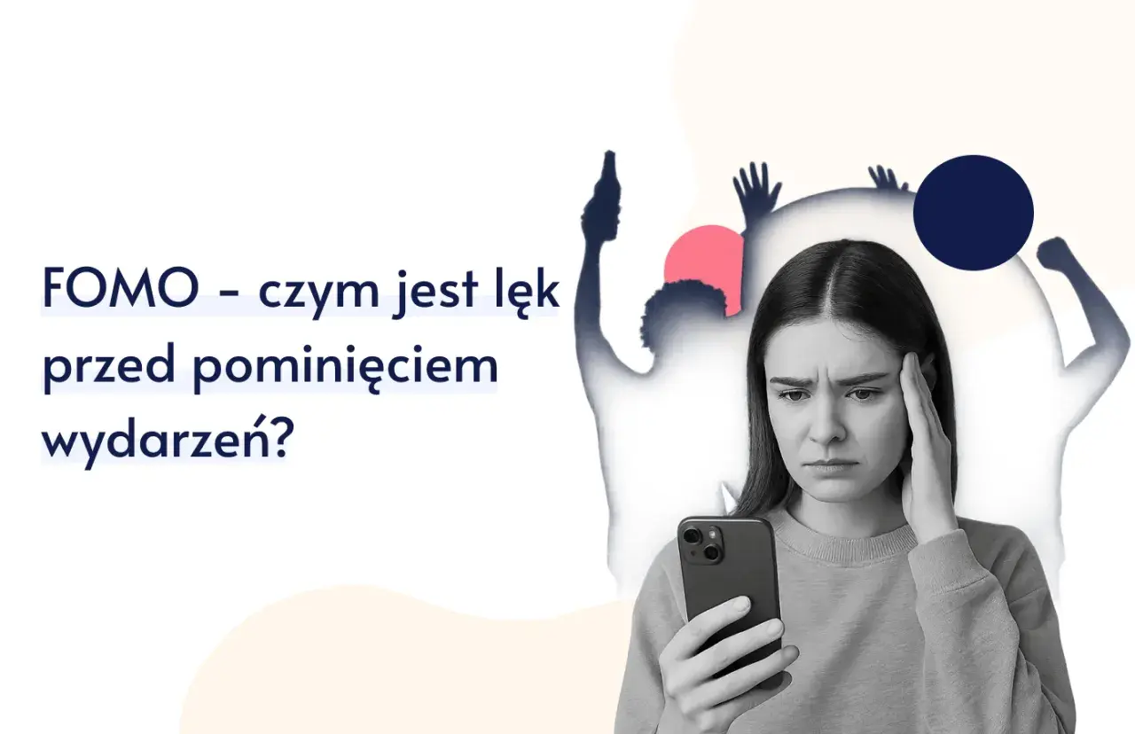 Zmartwiona młoda kobieta z telefonem w dłoni, czuje lęk przed pominięciem wydarzeń, czyli FOMO.
