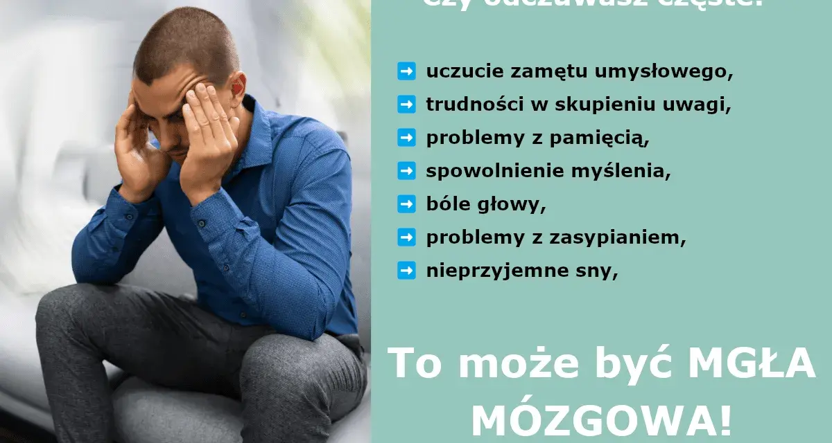 Mężczyzna z rękami na skroniach, cierpiący na mgłę mózgową, doświadcza zamętu, problemów z pamięcią i koncentracją.