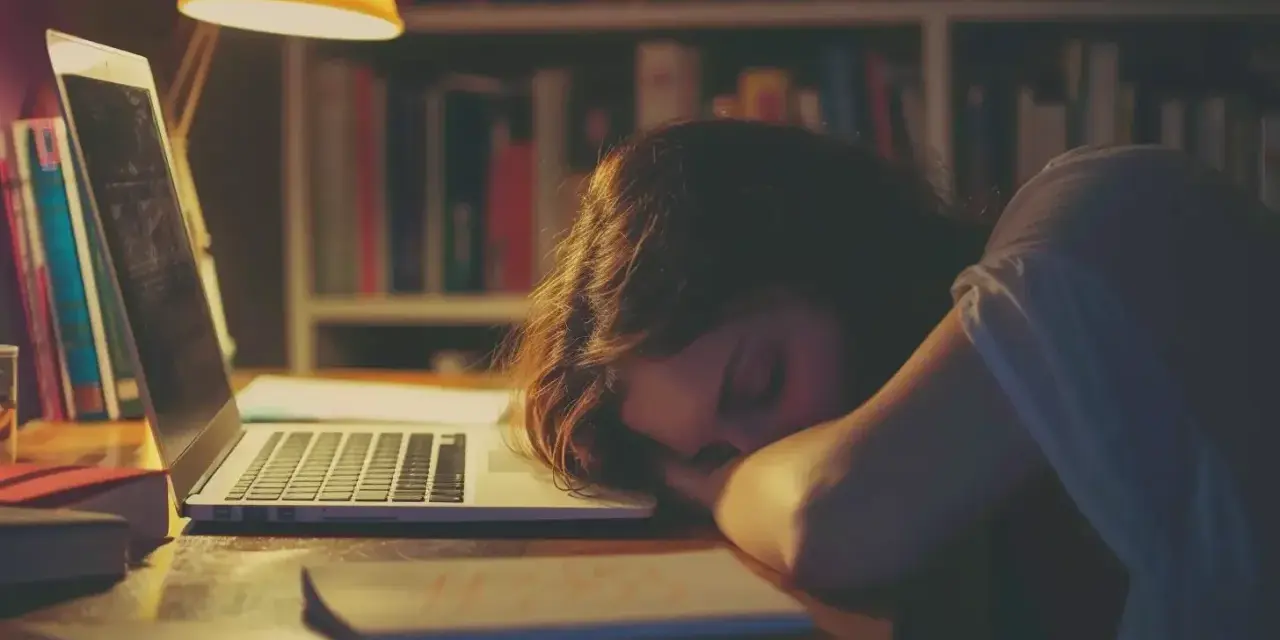 Dziewczyna zasnęła na laptopie, przytłoczona chronicznym zmęczeniem. W tle regały z książkami, lampka nocna.