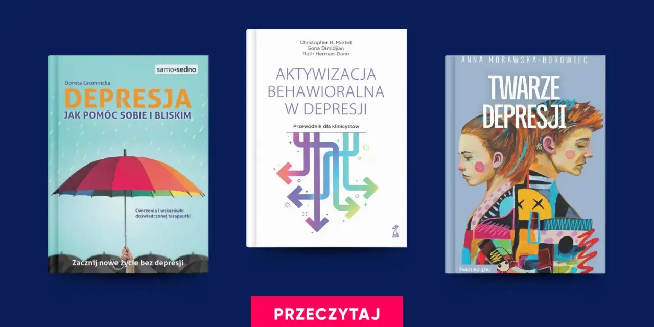 Trzy okładki książek o depresji: z parasolką, schematem i portretami.
