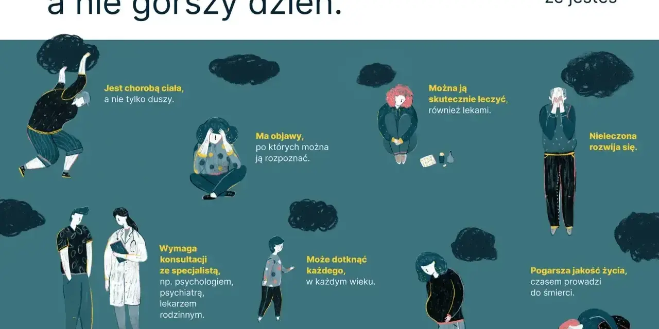Ilustracja przedstawia osoby zmagające się z depresją i lękiem, podkreślając, że to choroba, którą można leczyć.