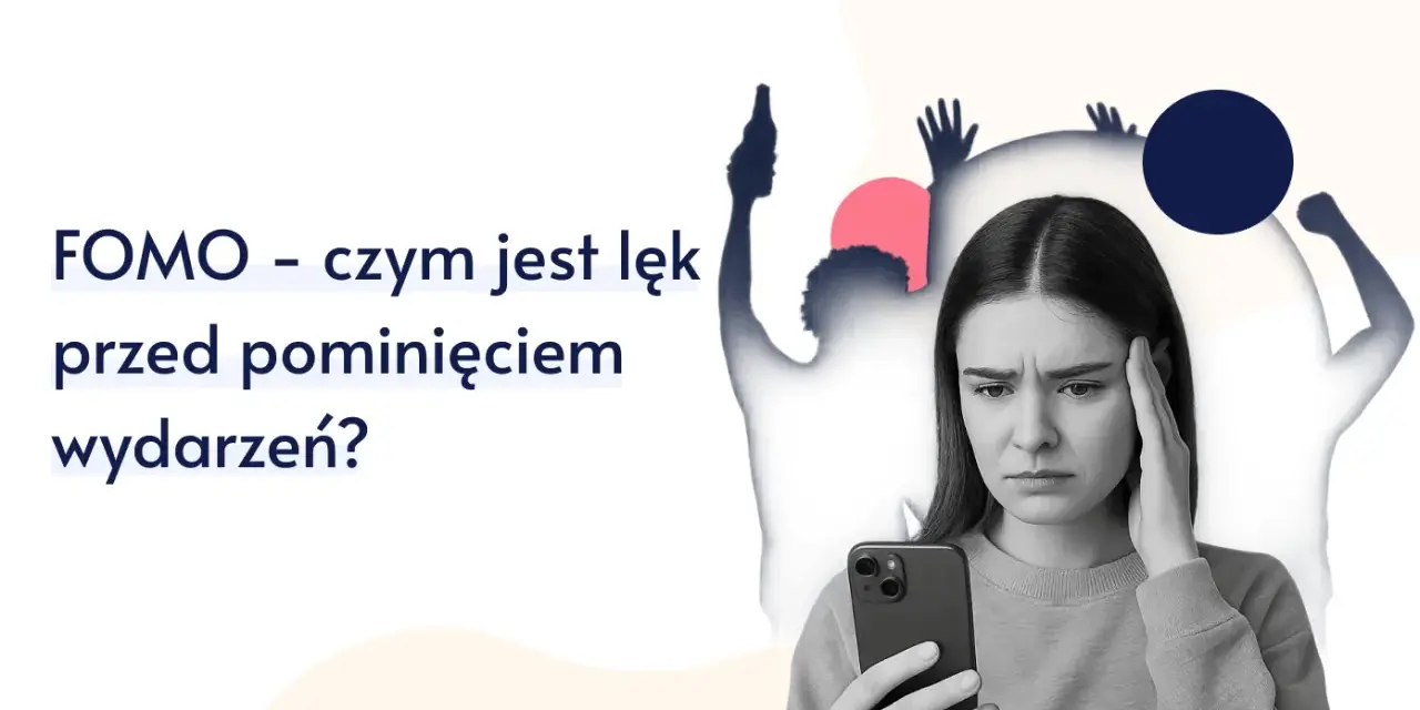 Zmartwiona młoda kobieta z telefonem w dłoni, czuje lęk przed pominięciem wydarzeń, czyli FOMO.