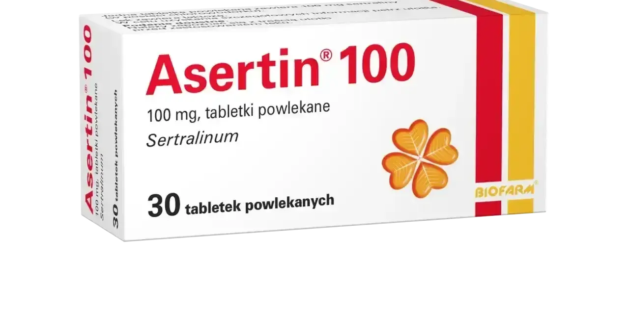 Opakowanie leku Asertin 100 mg, zawierającego sertralinę, na co pomaga w leczeniu depresji i innych schorzeń. 30 tabletek.