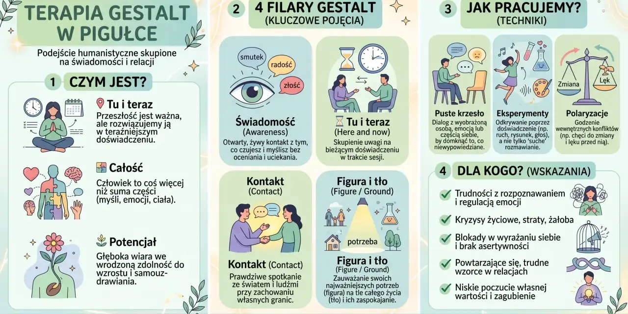 Terapia Gestalt: świadomość, tu i teraz, kontakt, figura i tło, puste krzesło, eksperymenty, polaryzacje. Pomaga w trudnościach emocjonalnych i relacyjnych.