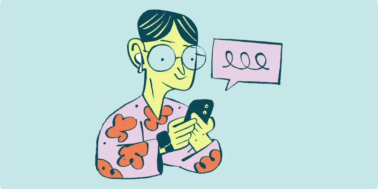 Osoba w okularach i kwiecistej koszuli przegląda telefon, a obok niej dymek z pytaniem "prokrastynacja co to?".