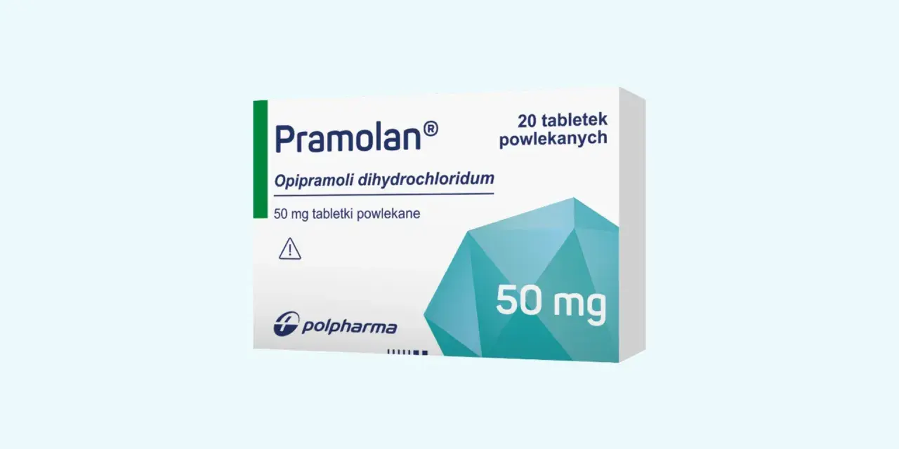 Opakowanie leku Pramolan 50 mg, zawierające 20 tabletek powlekanych. Substancją czynną jest opipramoli dihydrochloridum.