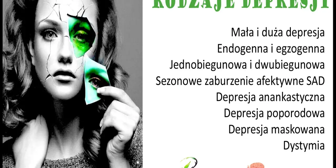 Kobieta z pękniętą twarzą, odsłaniającą zielone oczy, symbolizuje różne rodzaje depresji, takie jak endogenna, dwubiegunowa czy maskowana.