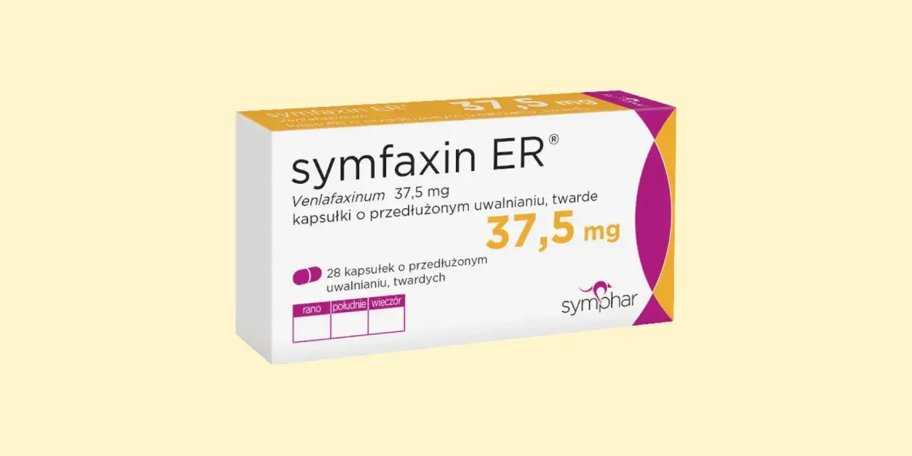 Opakowanie leku Symfaxin ER 37,5 mg, zawierające kapsułki o przedłużonym uwalnianiu. Jest to lek z grupy SNRI.