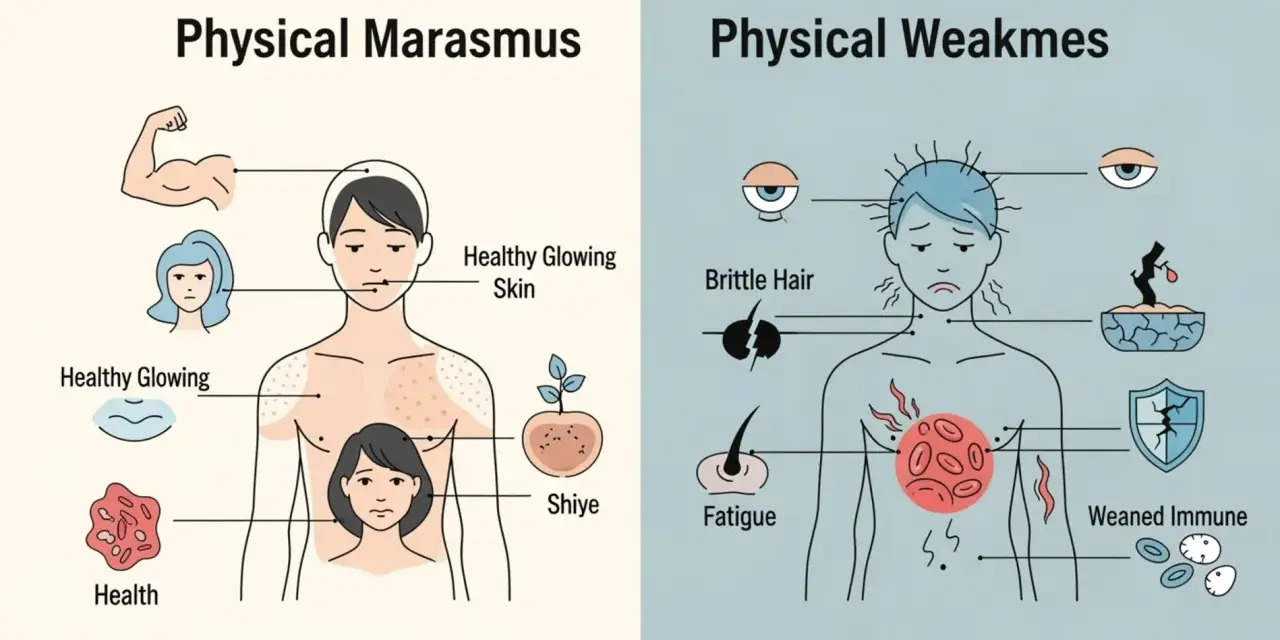 Ilustracja porównuje zdrowie fizyczne z marazmem, pokazując objawy takie jak osłabienie, łamliwe włosy i zmęczenie.
