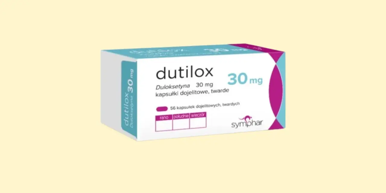 Opakowanie leku Dutilox zawierającego duloksetynę 30 mg, 56 kapsułek.