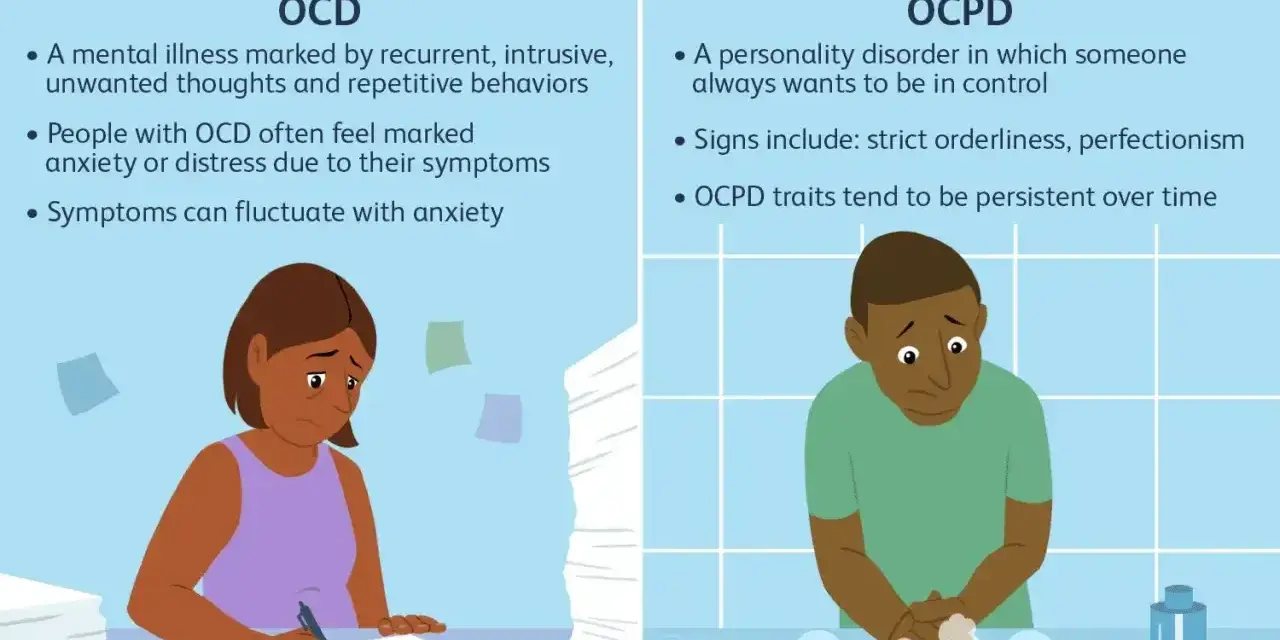 Ilustracja porównuje OCD i OCPD. Po lewej kobieta zmartwiona pracą, po prawej mężczyzna z osobowością anankastyczną myjący ręce.
