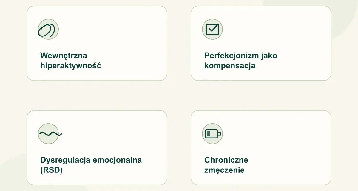 Cztery niedoreprezentowane objawy ADHD u kobiet: wewnętrzna hiperaktywność, perfekcjonizm jako kompensacja, dysregulacja emocjonalna (RSD) i chroniczne zmęczenie.