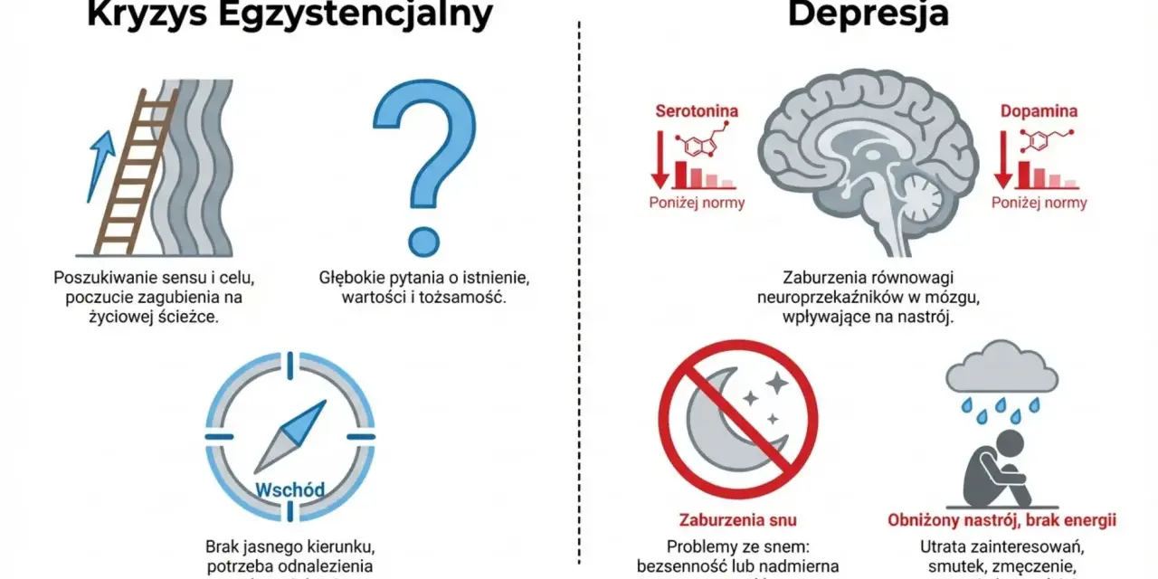 Kryzys egzystencjalny: drabina w górę, znak zapytania, kompas bez kierunku. Depresja: niski poziom neuroprzekaźników, problemy ze snem, smutek.