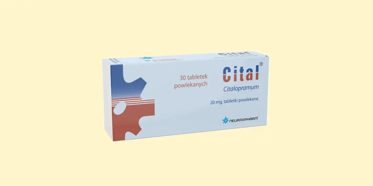 Opakowanie leku Cital, zawierające 30 tabletek powlekanych citalopramu 20 mg.