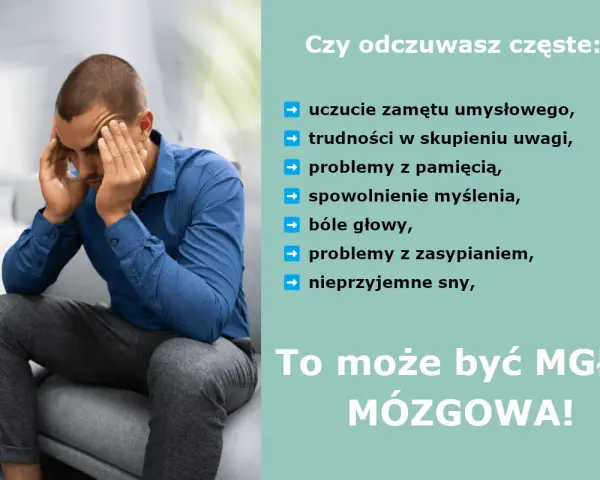 Mężczyzna z rękami na skroniach, cierpiący na mgłę mózgową, doświadcza zamętu, problemów z pamięcią i koncentracją.