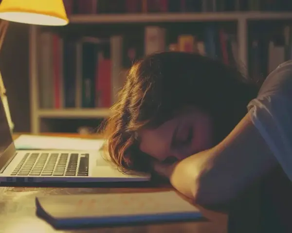 Dziewczyna zasnęła na laptopie, przytłoczona chronicznym zmęczeniem. W tle regały z książkami, lampka nocna.