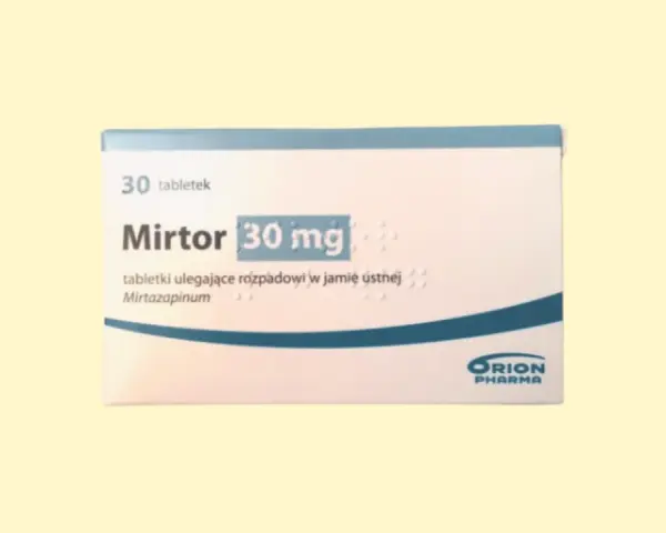 Opakowanie leku MirtoR 30 mg, zawierające tabletki ulegające rozpadowi w jamie ustnej. Substancją czynną jest mirtazapina.