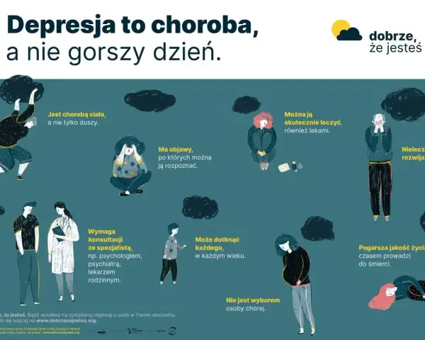 Ilustracja przedstawia osoby zmagające się z depresją i lękiem, podkreślając, że to choroba, którą można leczyć.