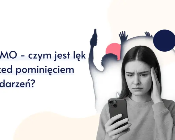 Zmartwiona młoda kobieta z telefonem w dłoni, czuje lęk przed pominięciem wydarzeń, czyli FOMO.
