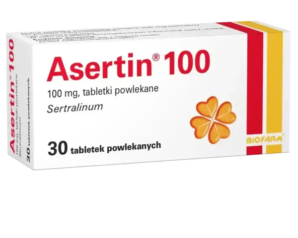 Opakowanie leku Asertin 100 mg, zawierającego sertralinę, na co pomaga w leczeniu depresji i innych schorzeń. 30 tabletek.