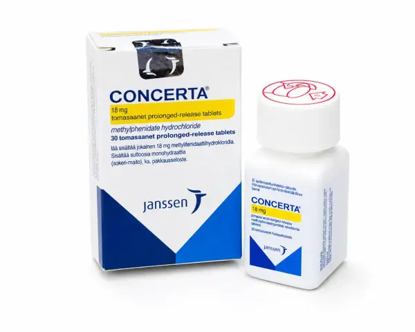 Opakowanie i butelka leku Concerta 18 mg, zawierającego metylofenidatu chlorowodorek.