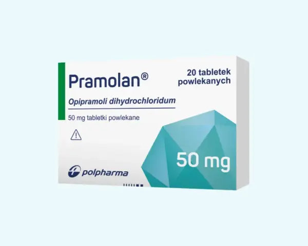 Opakowanie leku Pramolan 50 mg, zawierające 20 tabletek powlekanych. Substancją czynną jest opipramoli dihydrochloridum.