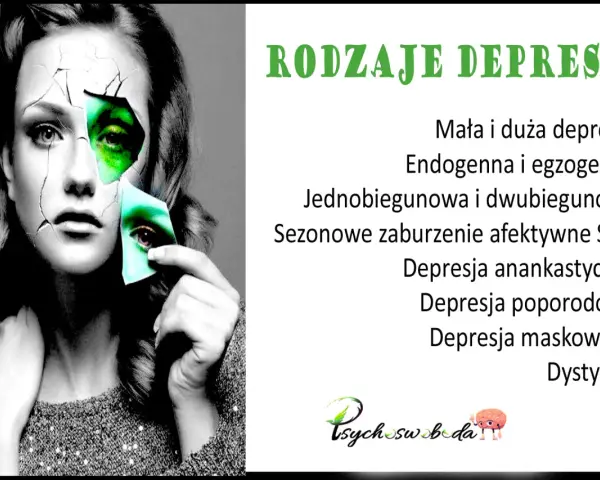 Kobieta z pękniętą twarzą, odsłaniającą zielone oczy, symbolizuje różne rodzaje depresji, takie jak endogenna, dwubiegunowa czy maskowana.