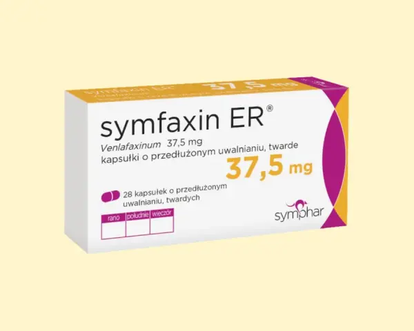 Opakowanie leku Symfaxin ER 37,5 mg, zawierające kapsułki o przedłużonym uwalnianiu. Jest to lek z grupy SNRI.