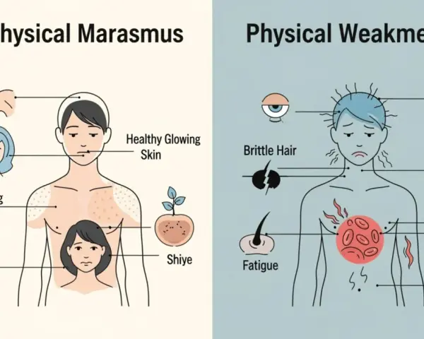 Ilustracja porównuje zdrowie fizyczne z marazmem, pokazując objawy takie jak osłabienie, łamliwe włosy i zmęczenie.
