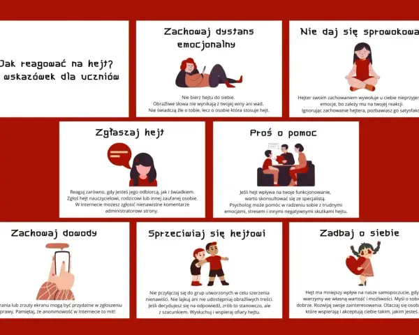 Grafika pokazuje 7 sposobów na reakcję na hejt: zachowaj dystans, nie daj się sprowokować, zgłaszaj, proś o pomoc, zachowaj dowody, sprzeciwiaj się i zadbaj o siebie.