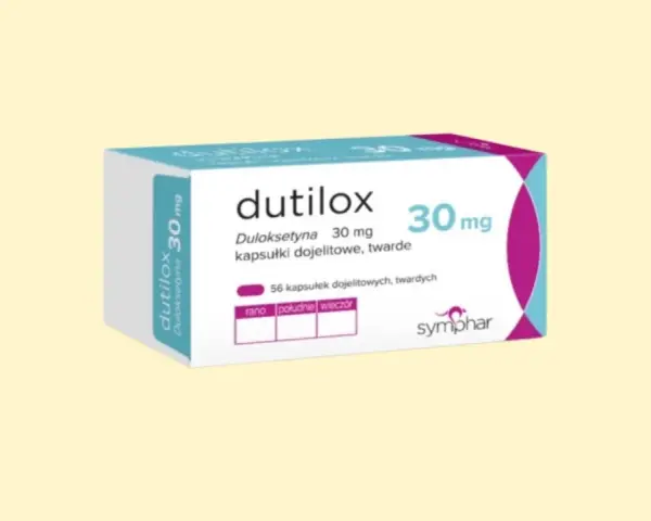 Opakowanie leku Dutilox zawierającego duloksetynę 30 mg, 56 kapsułek.