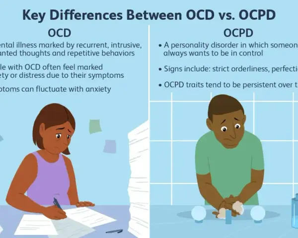 Ilustracja porównuje OCD i OCPD. Po lewej kobieta zmartwiona pracą, po prawej mężczyzna z osobowością anankastyczną myjący ręce.
