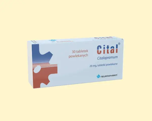 Opakowanie leku Cital, zawierające 30 tabletek powlekanych citalopramu 20 mg.
