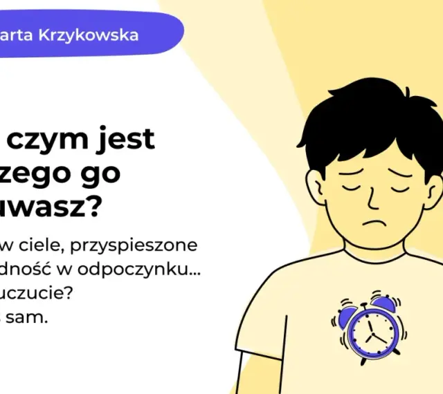 Chłopiec z zmartwioną miną i budzikiem na koszulce. Tekst informuje o lęku, jego objawach somatycznych i trudnościach w odpoczynku.