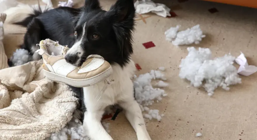 Piesek z lękiem separacyjnym gryzie buta, wokół porozrzucane są resztki pluszowej zabawki i papier.
