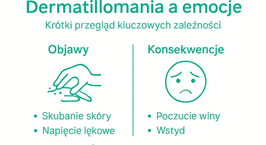 Dermatillomania: objawy (skubanie skóry, napięcie lękowe) i konsekwencje (poczucie winy, wstyd).