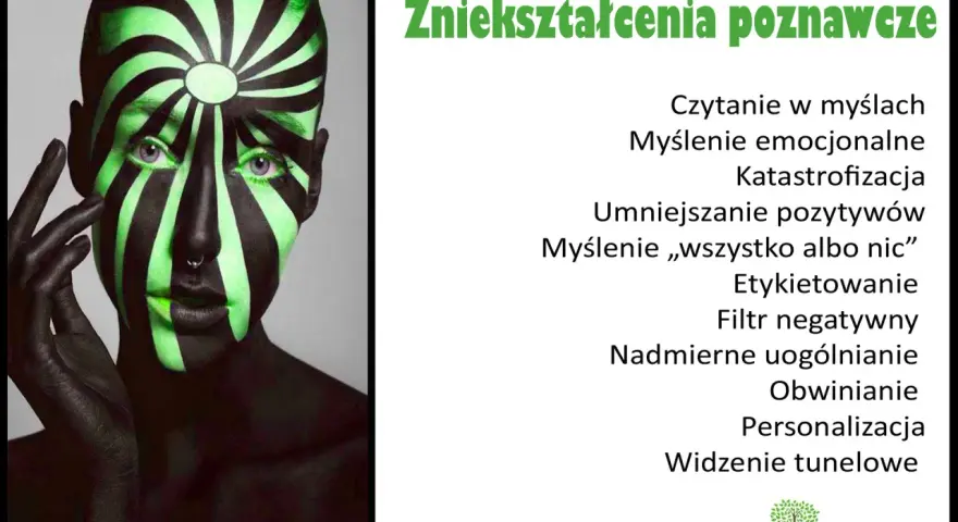 Twarz z zielono-czarnym wzorem, symbolizującym zniekształcenia poznawcze. Lista błędów myślenia: czytanie w myślach, katastrofizacja, filtr negatywny.