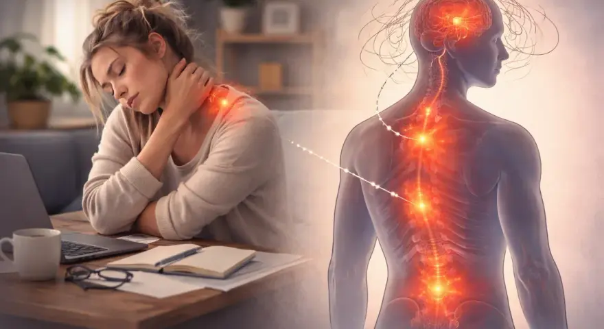 Kobieta z bólem karku przy biurku, połączona z wizualizacją kręgosłupa i mózgu, ilustrująca psychosomatykę.