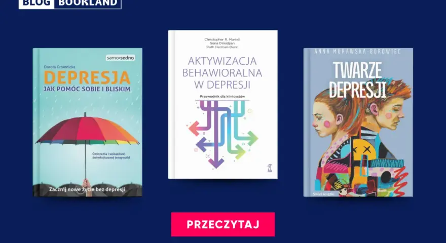 Trzy okładki książek o depresji: z parasolką, schematem i portretami.
