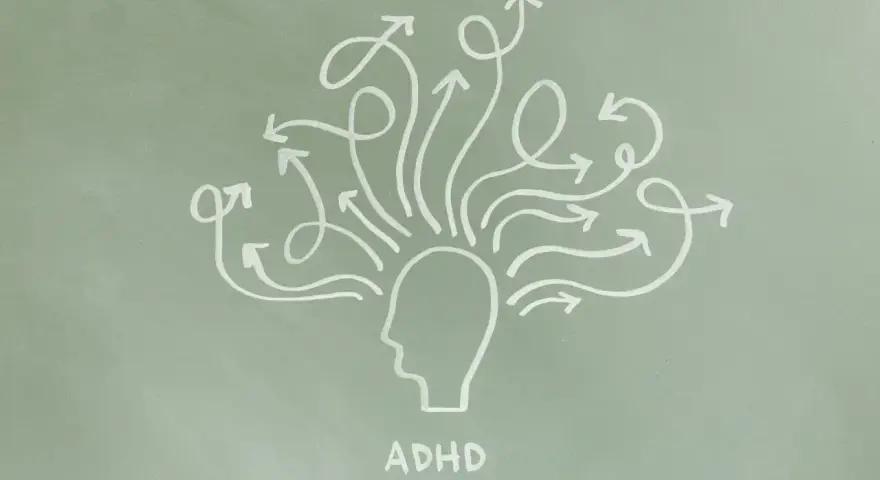 Grafika przedstawia głowę z mnóstwem strzałek wychodzących z niej we wszystkich kierunkach, symbolizującą ADHD.