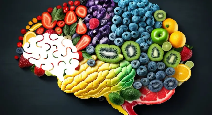 Mózg z owoców i warzyw. Kolorowe składniki tworzą kształt mózgu, sugerując, jak dieta wpływa na jego funkcjonowanie i produkcję serotoniny.