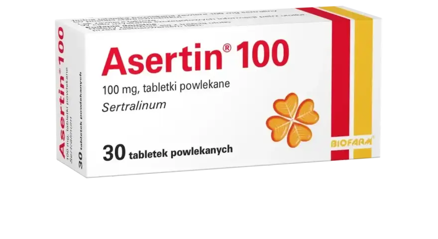 Opakowanie leku Asertin 100 mg, zawierającego sertralinę, na co pomaga w leczeniu depresji i innych schorzeń. 30 tabletek.