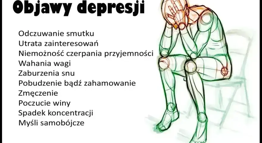 Postać skulona w geście rozpaczy, odczuwająca głęboki smutek. Obok lista objawów depresji, m.in. utrata zainteresowań, zmęczenie, myśli samobójcze.