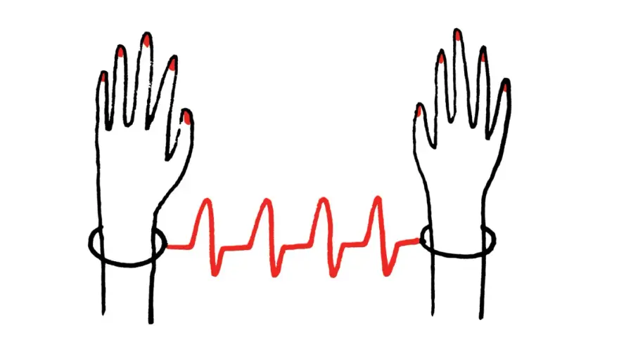 Dwie dłonie z czerwonymi paznokciami połączone linią EKG. Symbolizuje to trudny wybór związany z eutanazją.