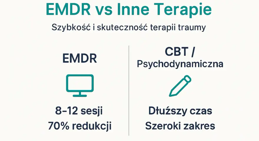 Porównanie EMDR z innymi terapiami: EMDR wymaga 8-12 sesji, oferując 70% redukcji objawów traumy.