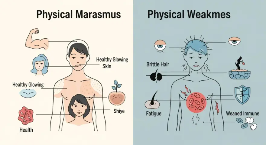 Ilustracja porównuje zdrowie fizyczne z marazmem, pokazując objawy takie jak osłabienie, łamliwe włosy i zmęczenie.