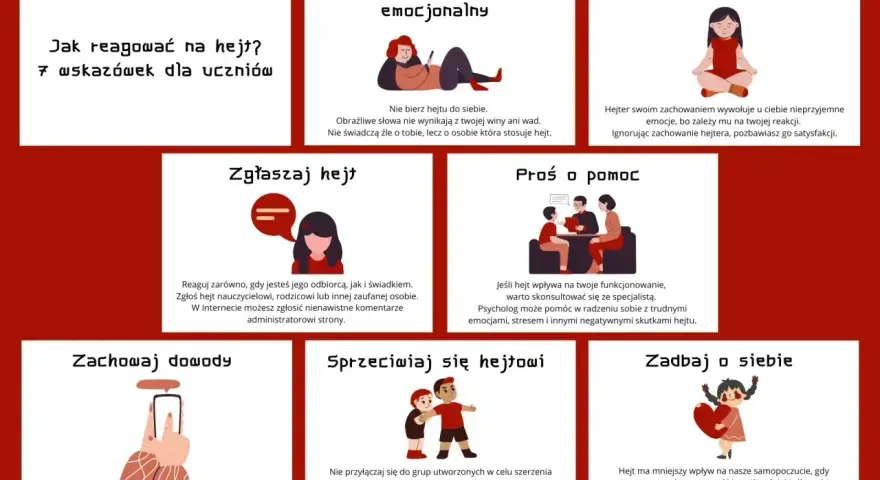Grafika pokazuje 7 sposobów na reakcję na hejt: zachowaj dystans, nie daj się sprowokować, zgłaszaj, proś o pomoc, zachowaj dowody, sprzeciwiaj się i zadbaj o siebie.